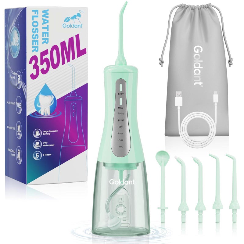 GOLDANT 350ML Water Flosser for Teeth Cordless Dental Pick with Travel Bag, 5 Modes Portable Oral Irrigator Cleaner, Electric Rechargeable IPX7 Waterproof for Travel Home Teeth Cleaning Floss(Green)